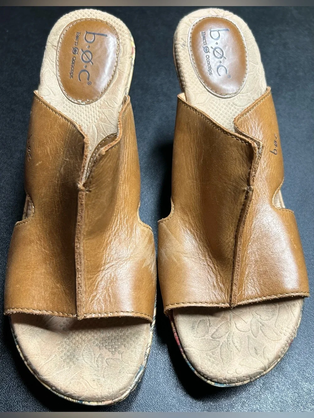 B.O.C. Women's Size 10 Leather Slip On Platform Wedged Cork Floral Sandals